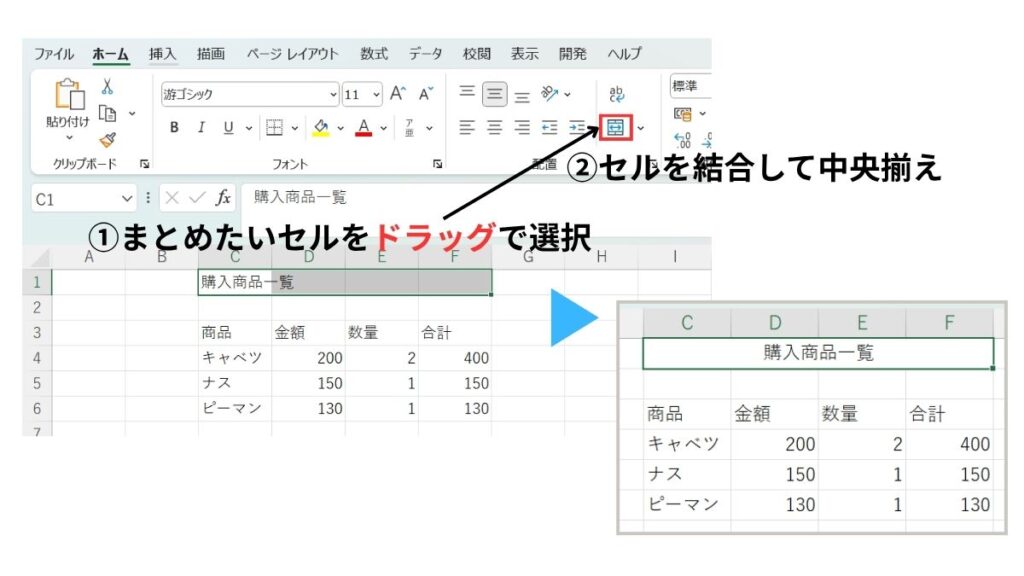 セルの結合と中央揃えの説明