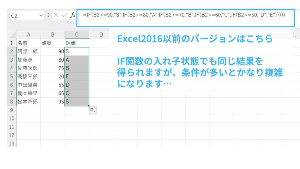 IFS関数が使えない時に、代わりに使うIF関数の説明