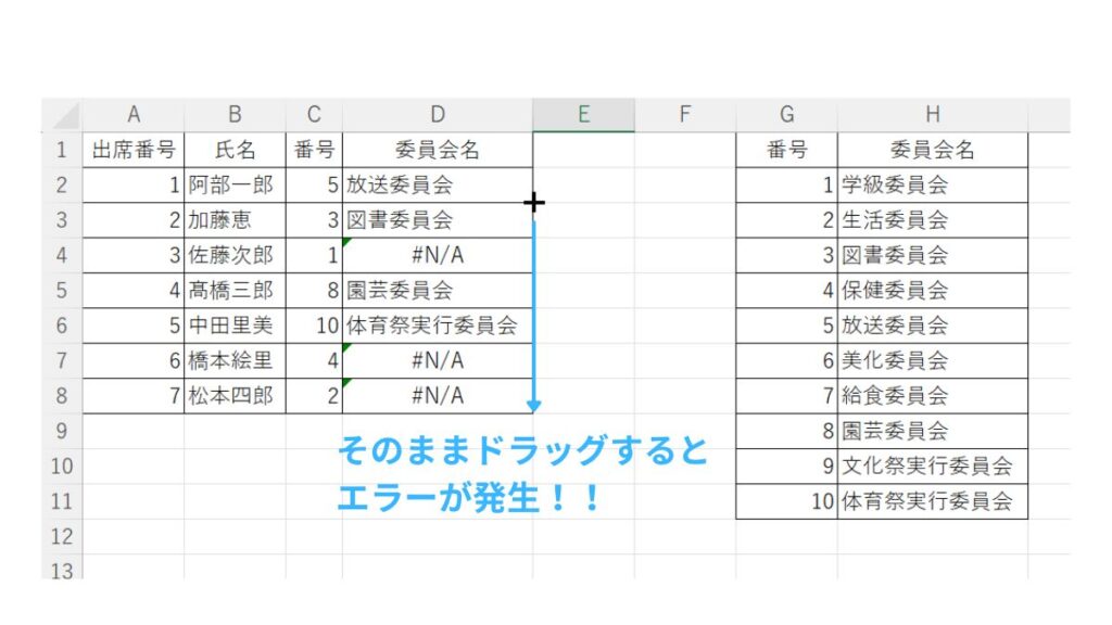 VLOOKUP関数の相対参照によるエラーの説明