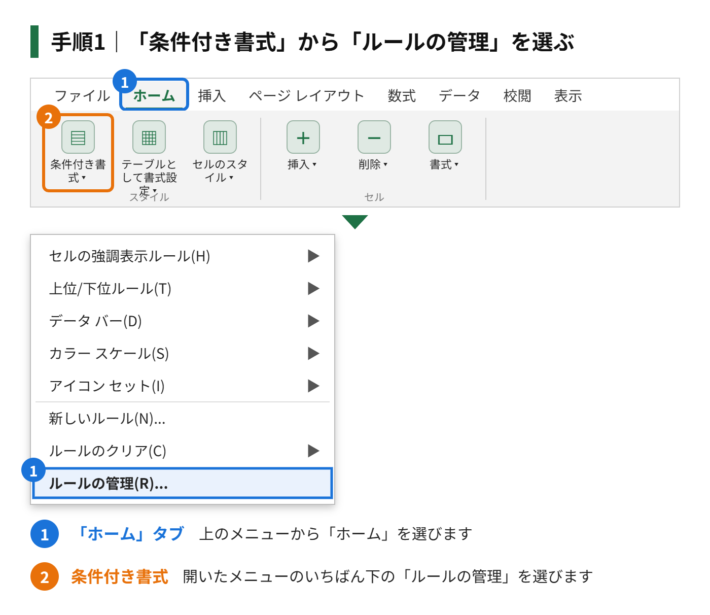 手順1：「ホーム」タブの「条件付き書式」から「ルールの管理」を選ぶ