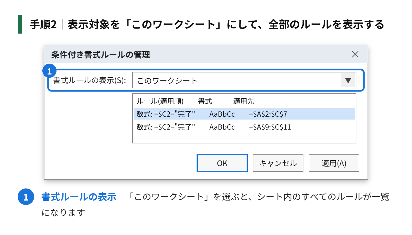 手順2：表示対象を「このワークシート」にして、全部のルールを表示する