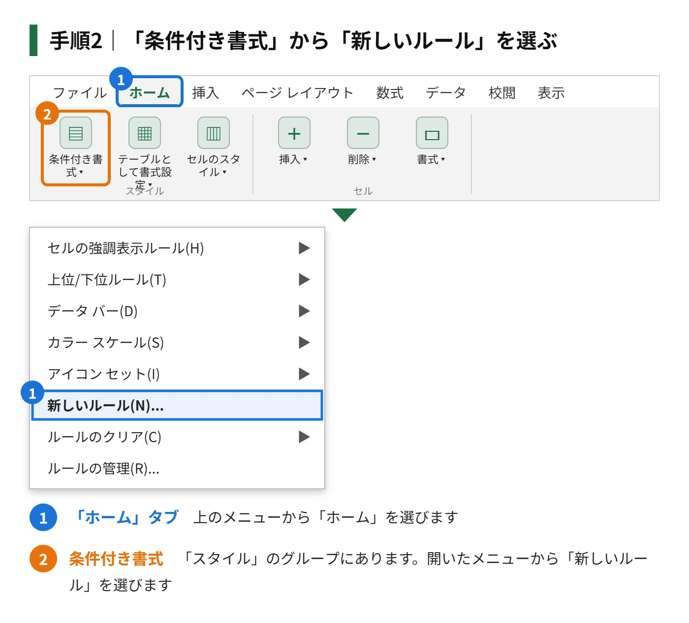手順2:「ホーム」タブの「条件付き書式」から「新しいルール」を選ぶ