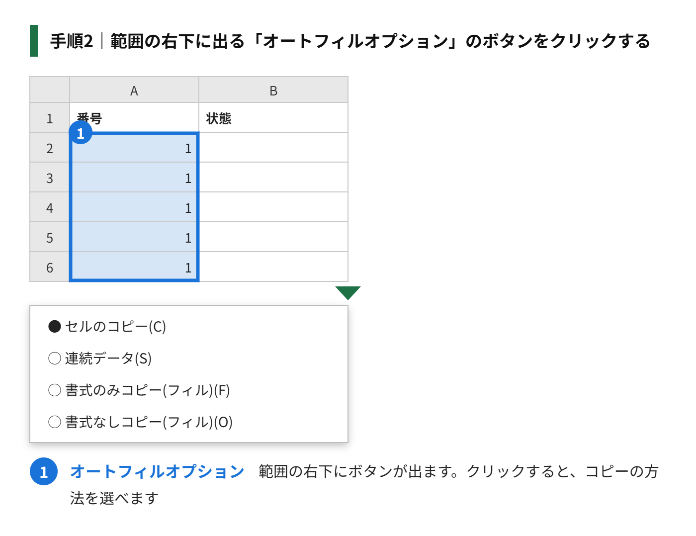 手順2：範囲の右下に出る、「オートフィルオプション」のボタンをクリックする