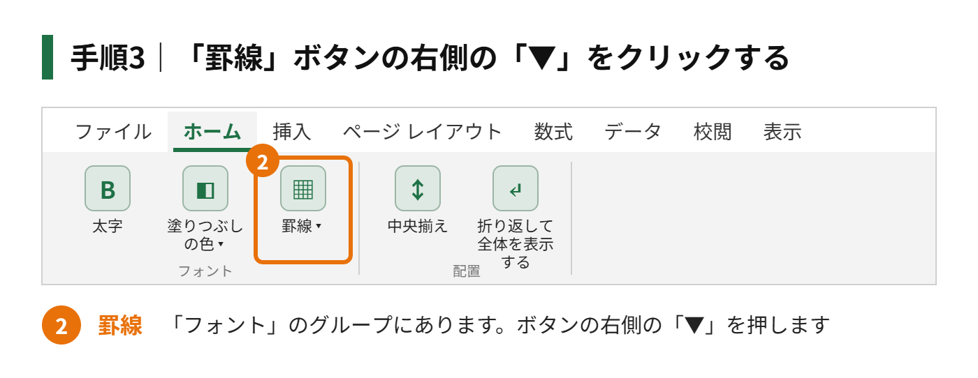 手順3:「フォント」グループの「罫線」ボタンの、右側の「▼」をクリックする