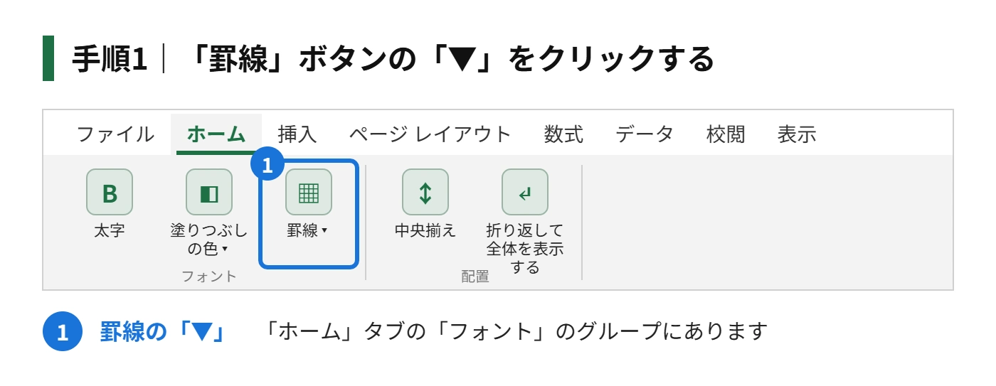 手順1:「ホーム」タブの「罫線」ボタンの「▼」をクリックする