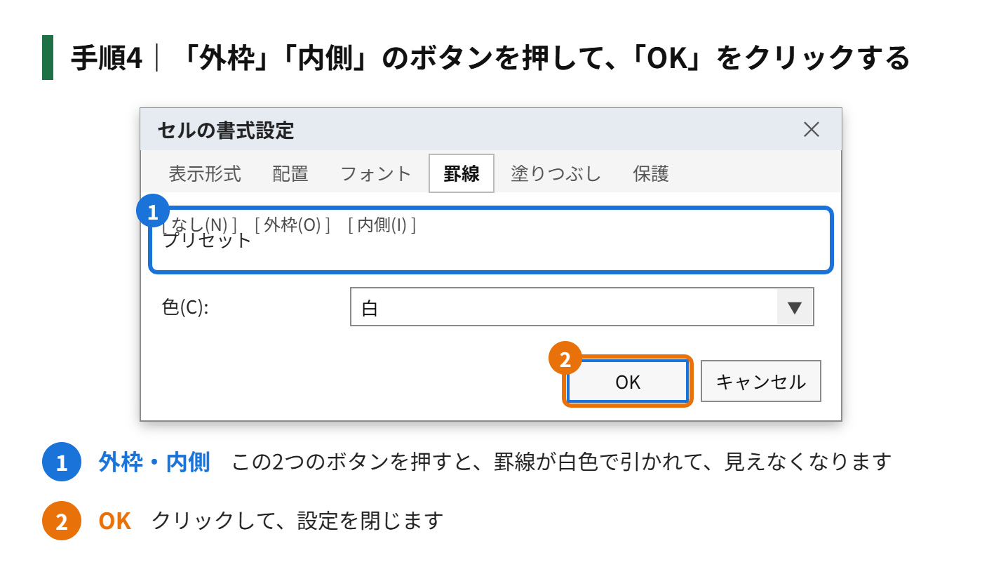 手順4:「外枠」「内側」のボタンを押して、「OK」をクリックする