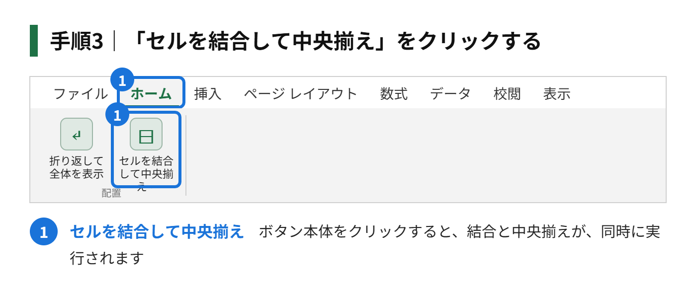 手順3：「配置」のグループにある「セルを結合して中央揃え」をクリックする