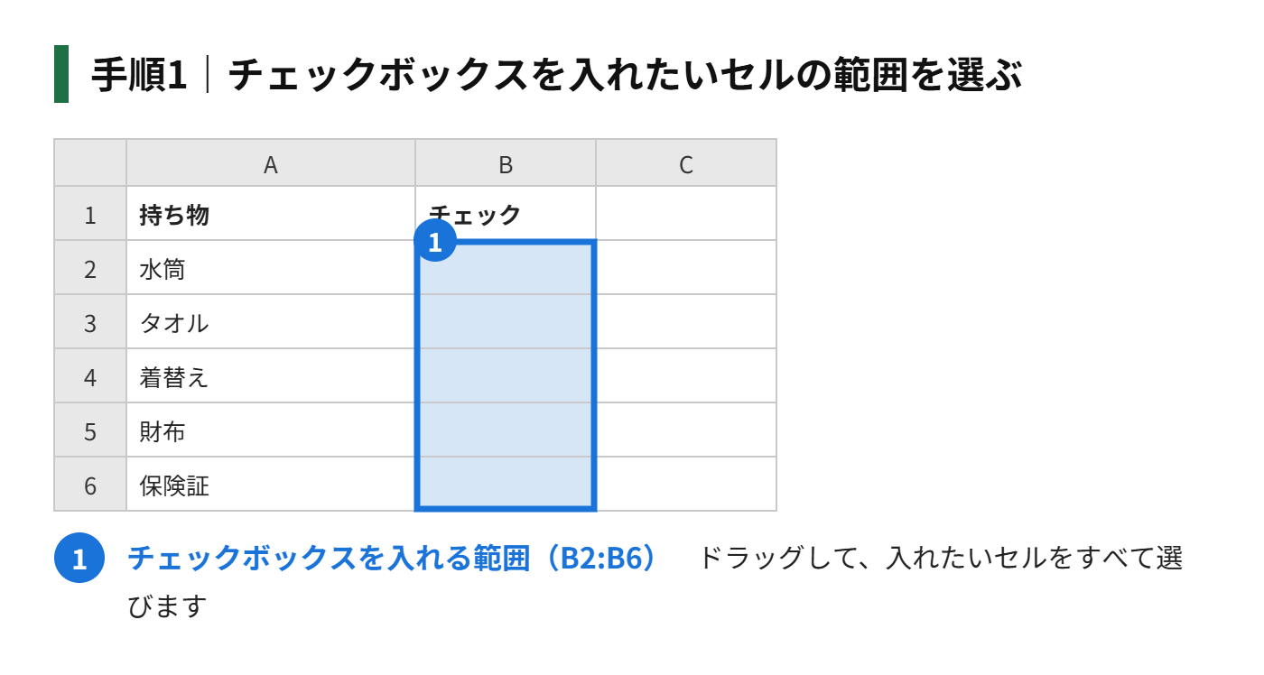 手順1：チェックボックスを入れたいセルの範囲（B2:B6）を選ぶ