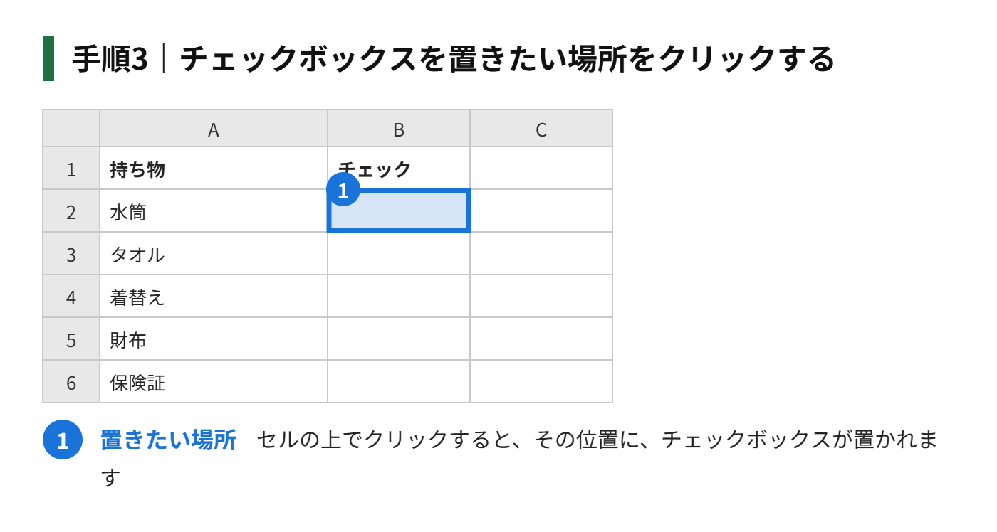 手順3：チェックボックスを置きたい場所で、クリックする