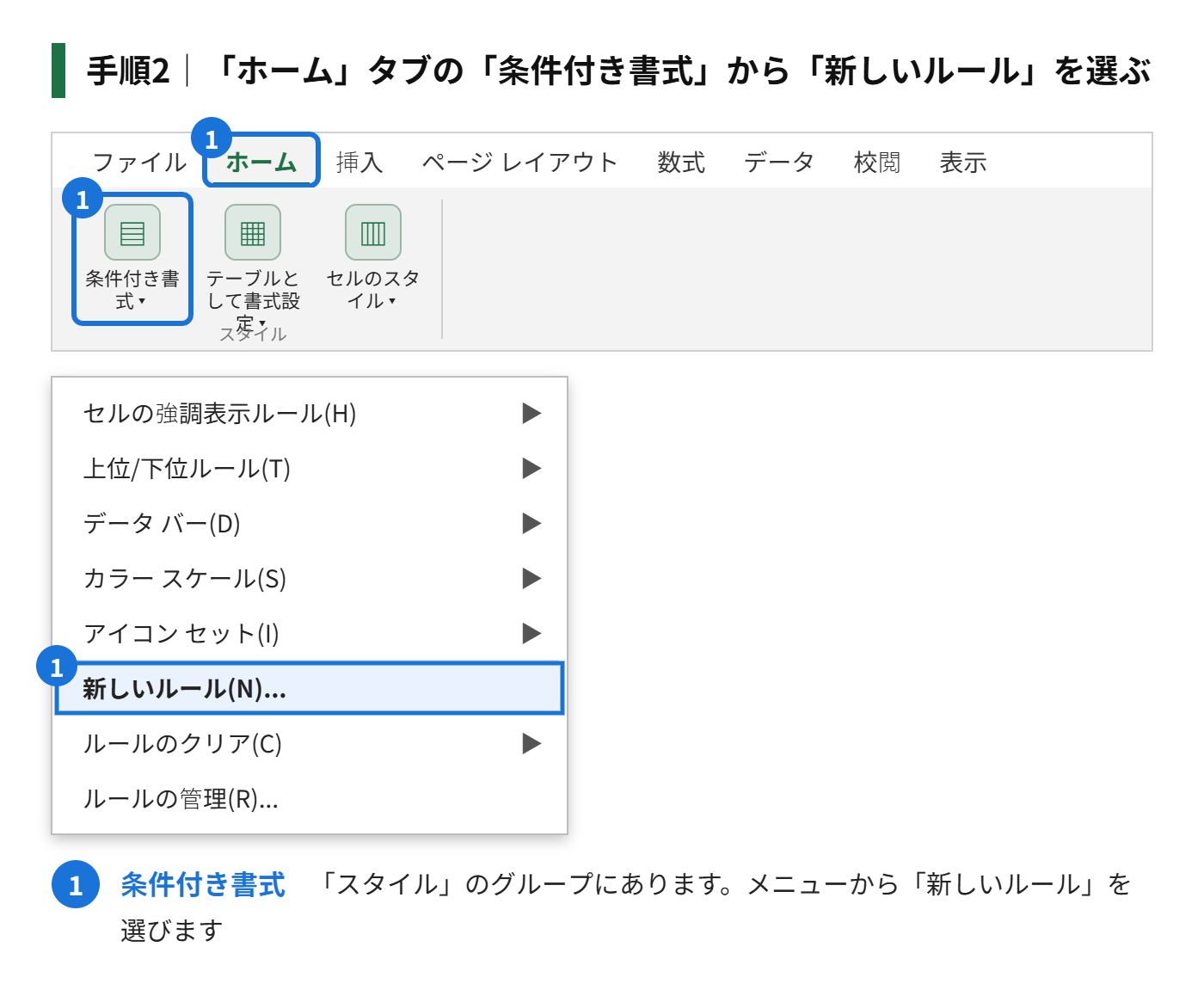 手順2：「ホーム」タブの「条件付き書式」から「新しいルール」を選ぶ