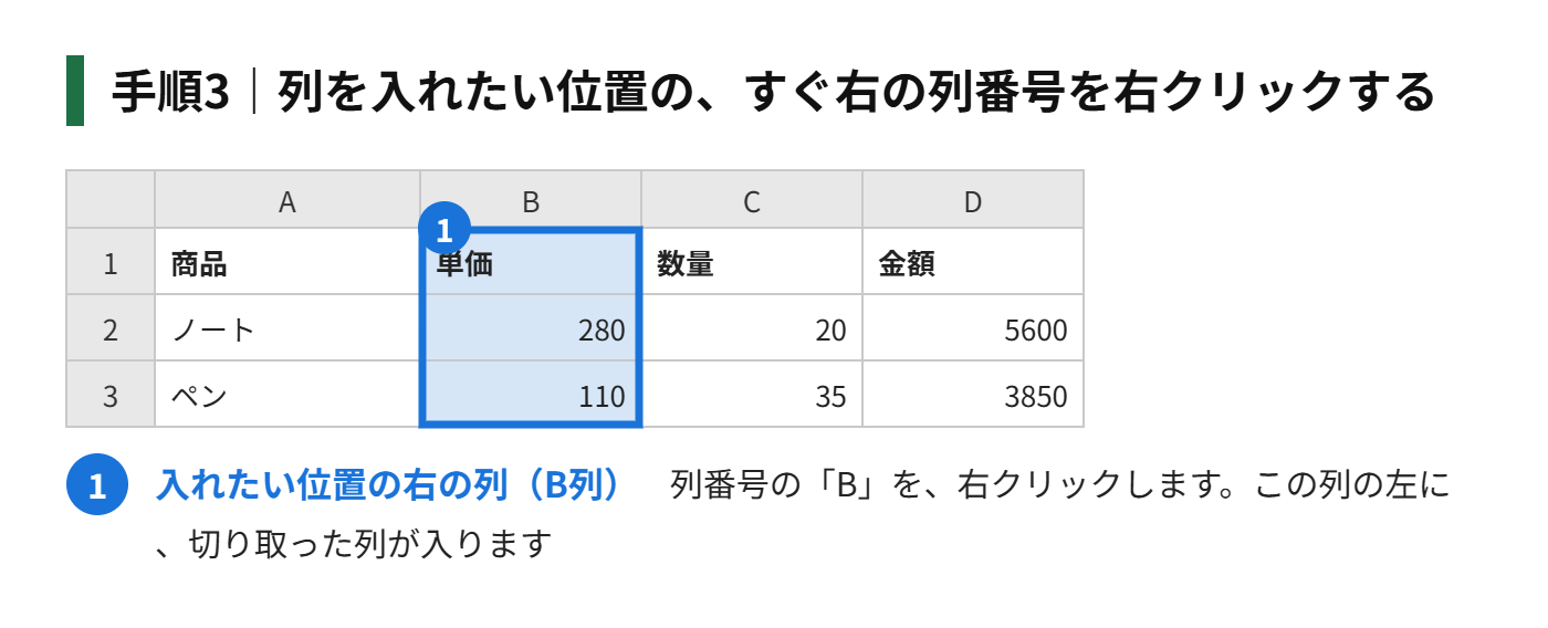手順3:列を入れたい位置の、すぐ右の列の、列番号を右クリックする