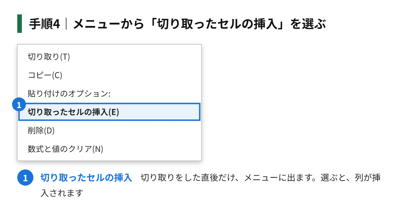 手順4:メニューから「切り取ったセルの挿入」を選ぶ