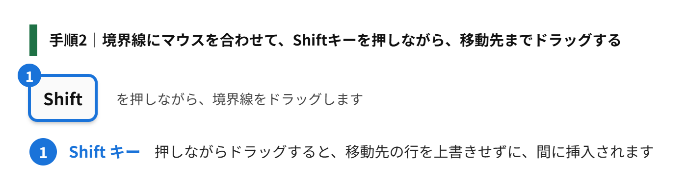 手順2:選んだ行の、境界線に、マウスを合わせて、Shiftキーを押しながら、移動先の位置まで、ドラッグする