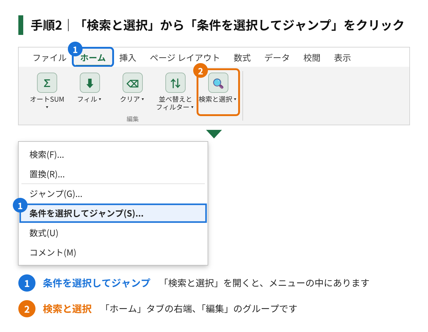 手順2:「ホーム」タブの「検索と選択」から「条件を選択してジャンプ」をクリックする