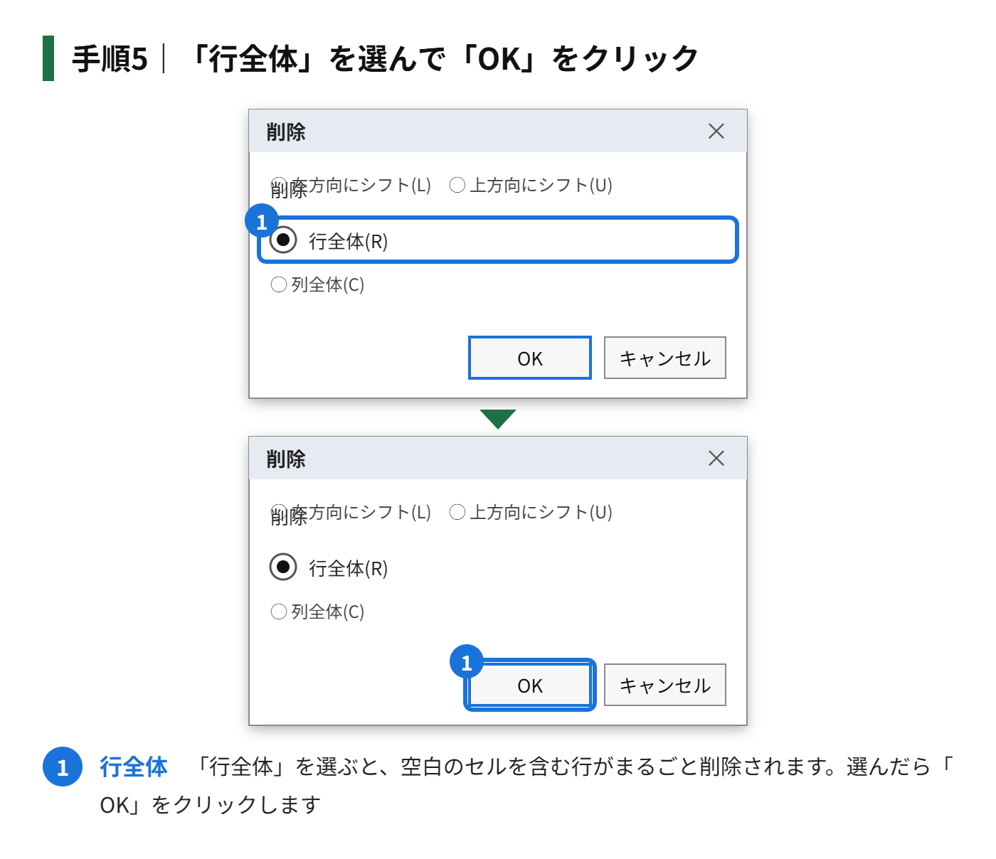 手順5:「行全体」を選んで「OK」をクリックする