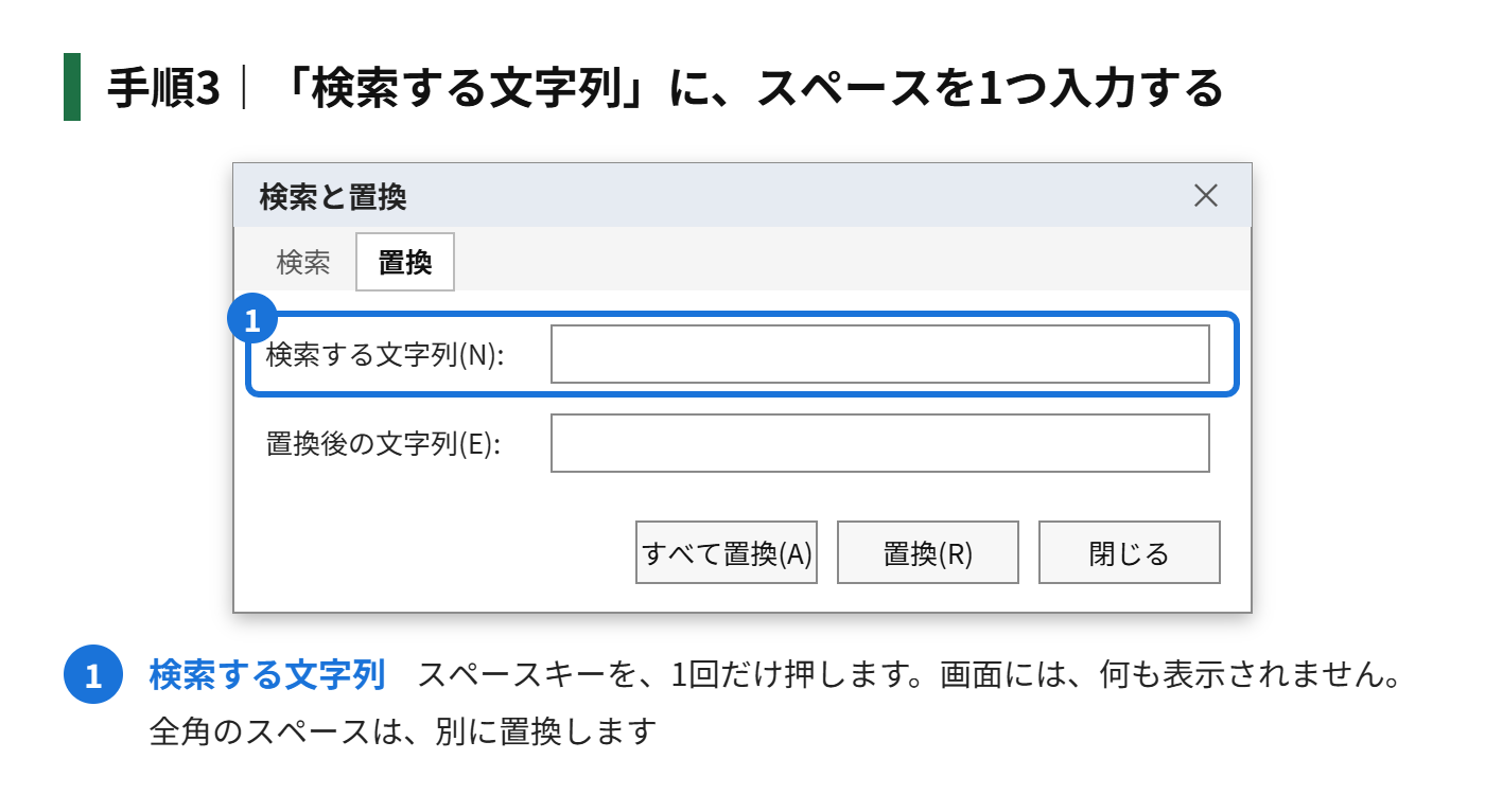 手順3：「検索する文字列」に、スペースを1つ入力する（全角と半角は、別々に行う）