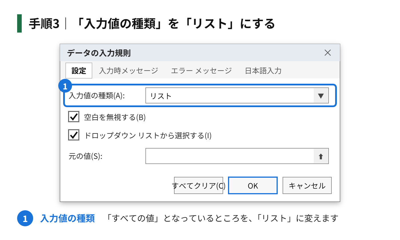 手順3:「入力値の種類」を「リスト」にする