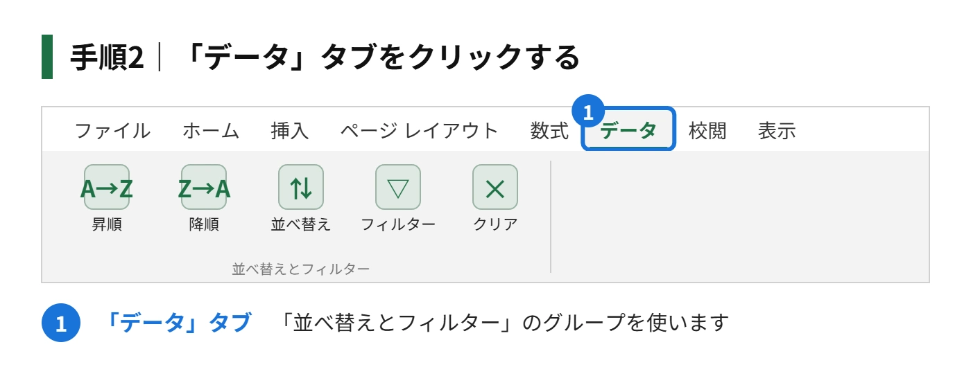 手順2:「データ」タブをクリックする