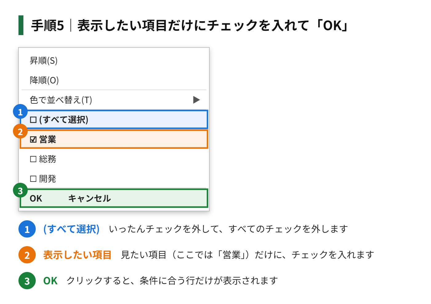 手順5:表示したい項目だけにチェックを入れて、「OK」をクリックする