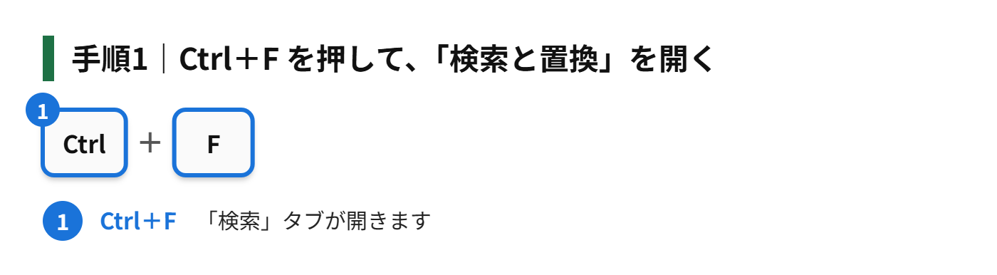 手順1:Ctrl+F を押して、「検索と置換」を開く