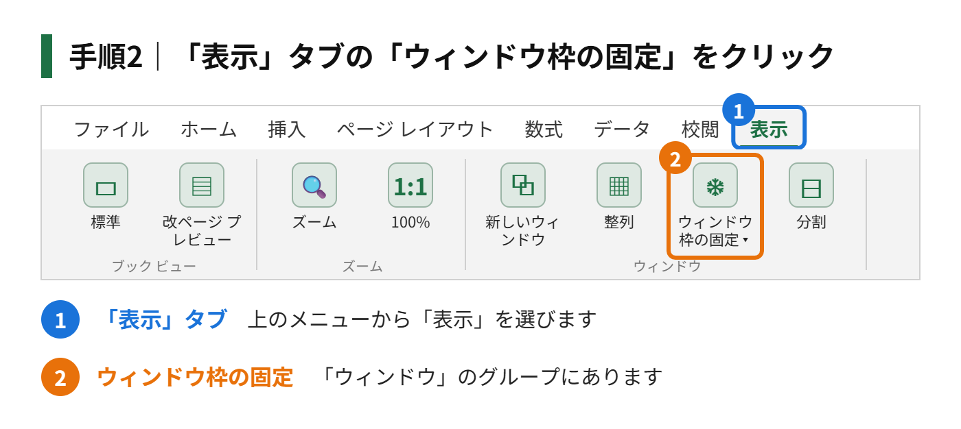手順2：「表示」タブの「ウィンドウ枠の固定」をクリックする
