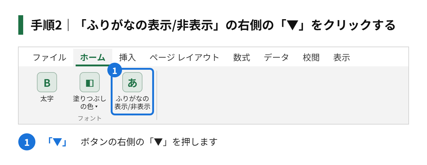 手順2:「ホーム」タブの「ふりがなの表示/非表示」の右側の「▼」をクリックする