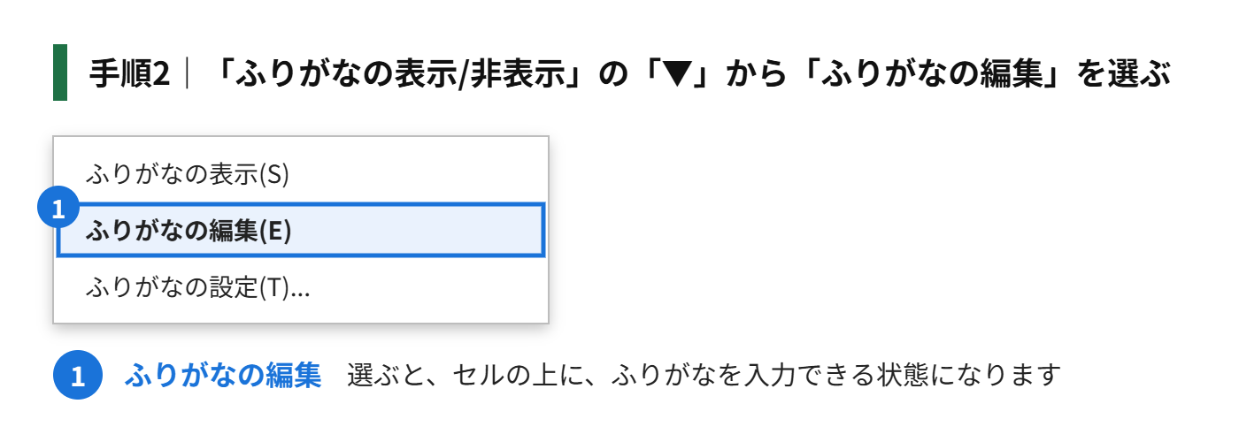 手順2:「ホーム」タブの「ふりがなの表示/非表示」の「▼」から、「ふりがなの編集」を選ぶ