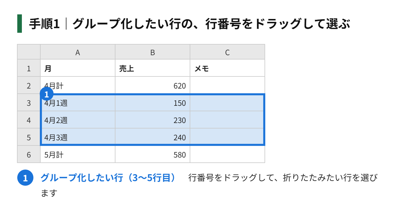 手順1：グループ化したい行の、行番号をドラッグして選ぶ（例：3〜5行目）