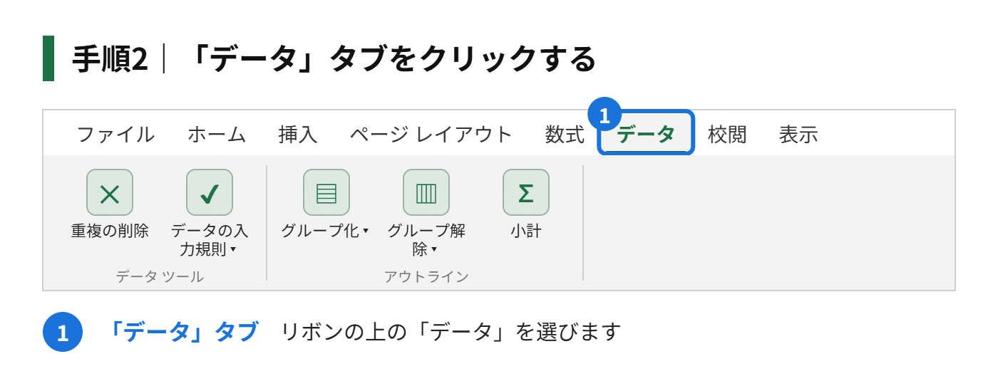 手順2：「データ」タブをクリックする