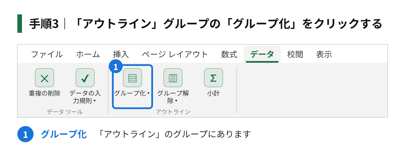 手順3：「アウトライン」グループの「グループ化」をクリックする
