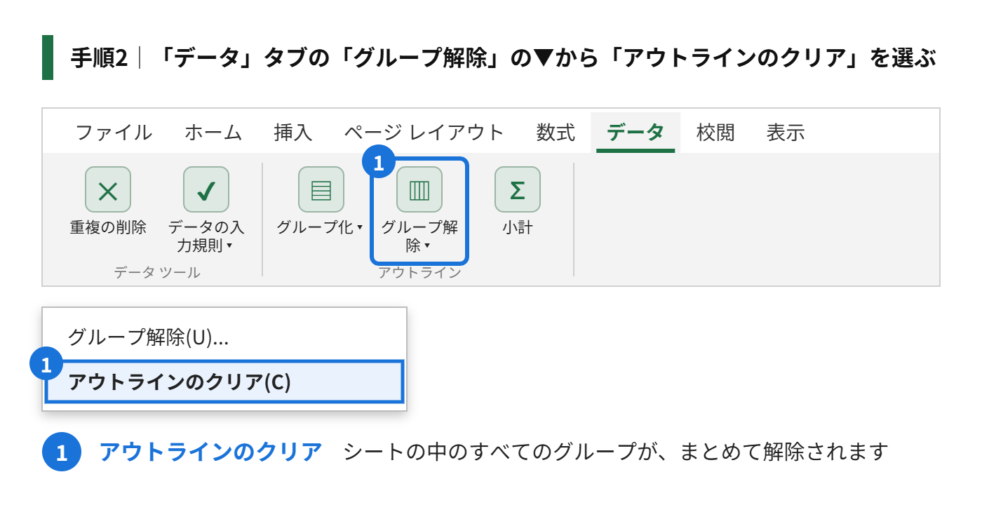 手順2：「データ」タブの「アウトラインのクリア」を選ぶ