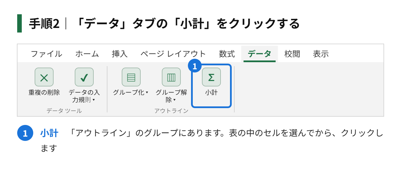 手順2：表の中のセルを選んで、「データ」タブの「小計」をクリックする