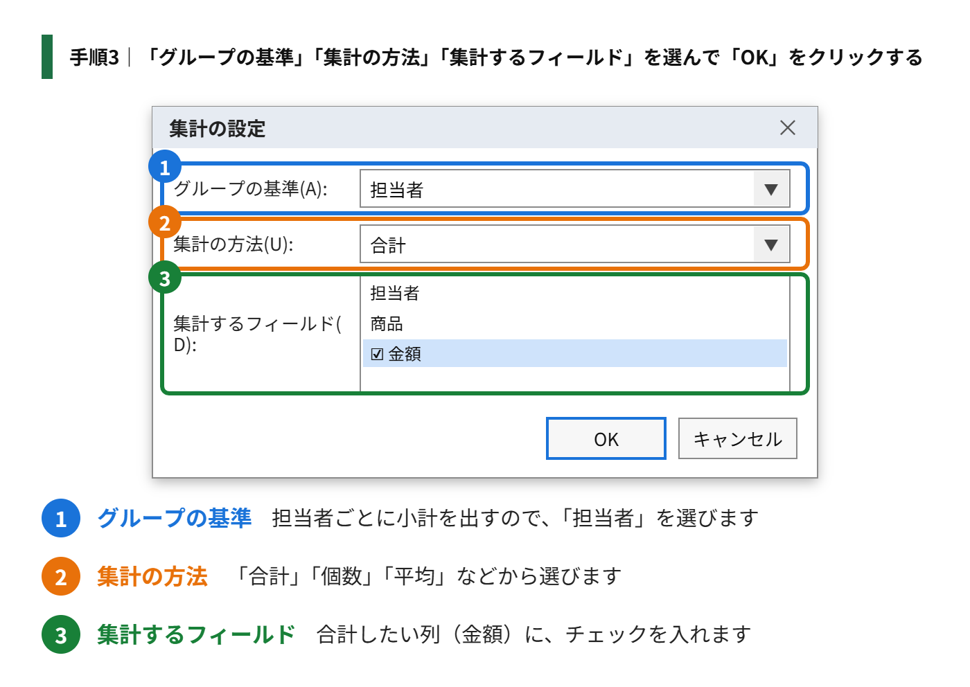 手順3：「グループの基準」と「集計の方法」「集計するフィールド」を選んで、「OK」をクリックする