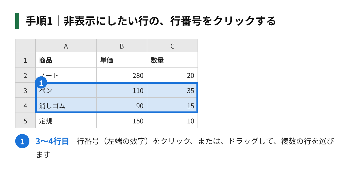 手順1：非表示にしたい行の、行番号（左端の数字）をクリックする（複数行なら、ドラッグして選ぶ）