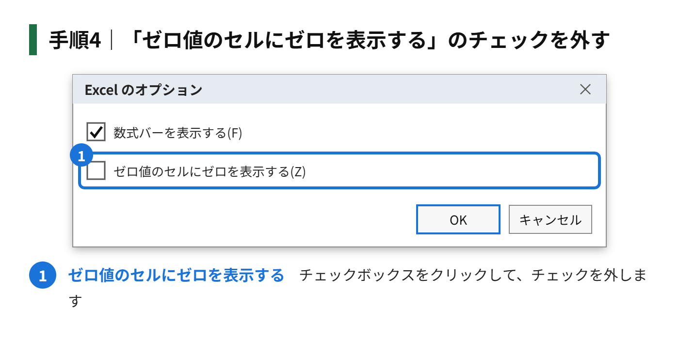 手順4:「ゼロ値のセルにゼロを表示する」のチェックを外す