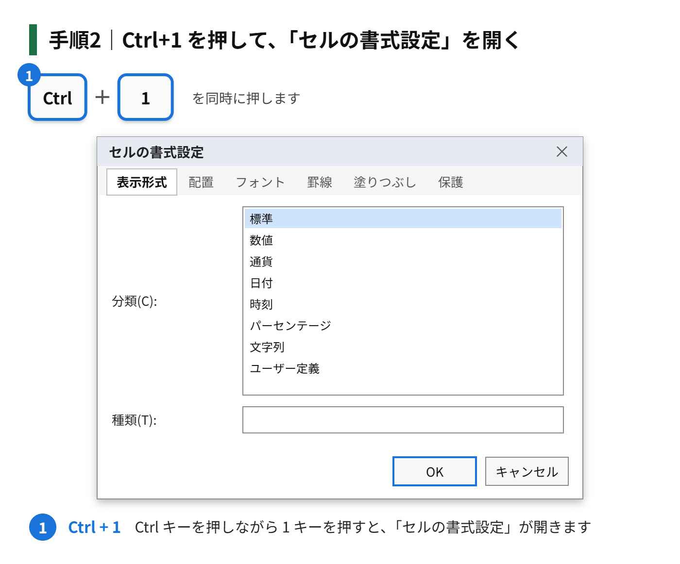 手順2:Ctrl+1 を押して、「セルの書式設定」を開く