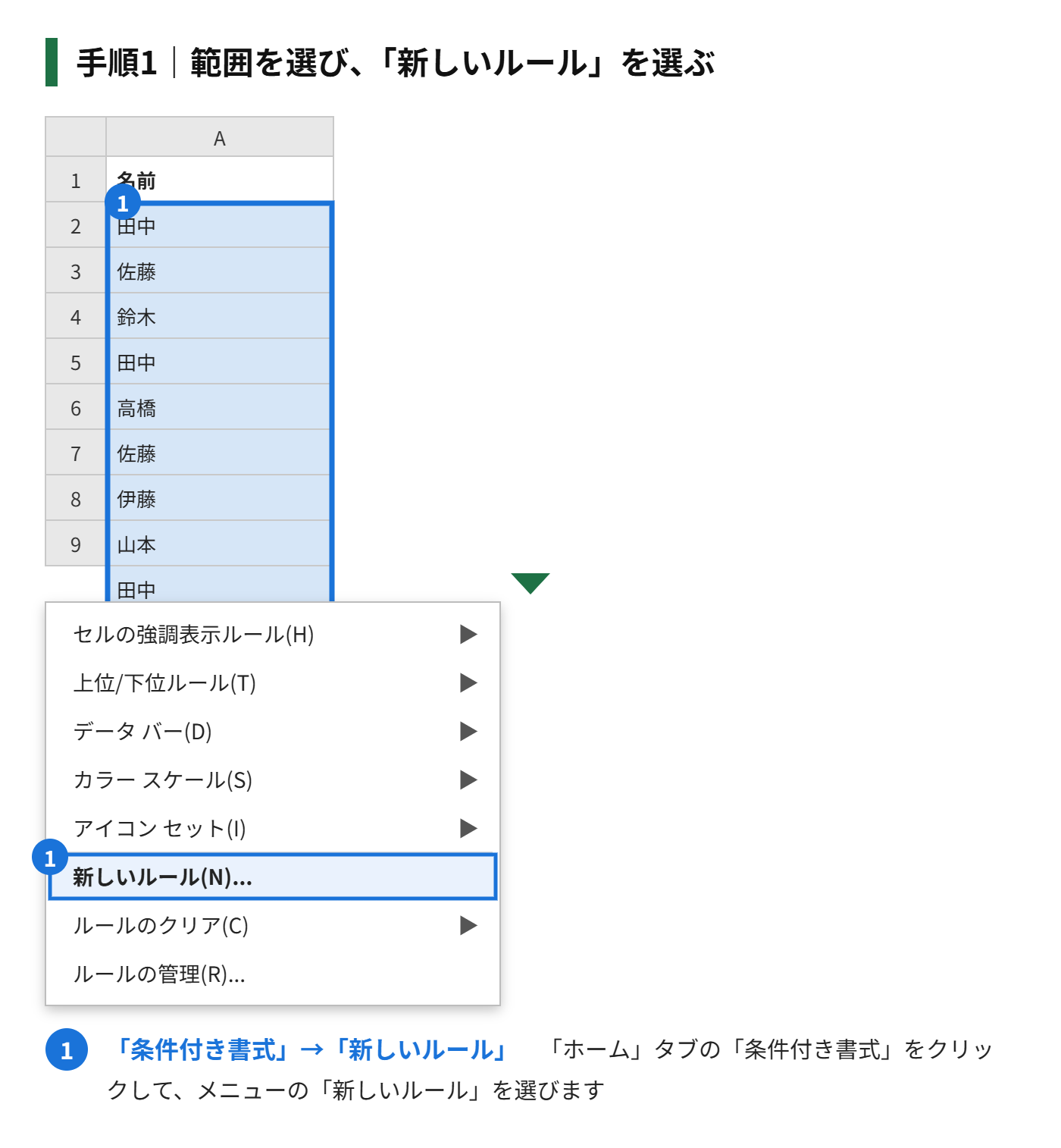 手順1:範囲(A2:A10)を選び、「条件付き書式」から「新しいルール」を選ぶ