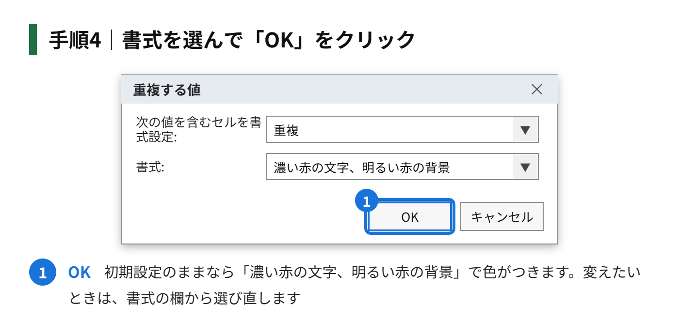 手順4:書式を選び(初期設定は「濃い赤の文字、明るい赤の背景」)、「OK」をクリックする