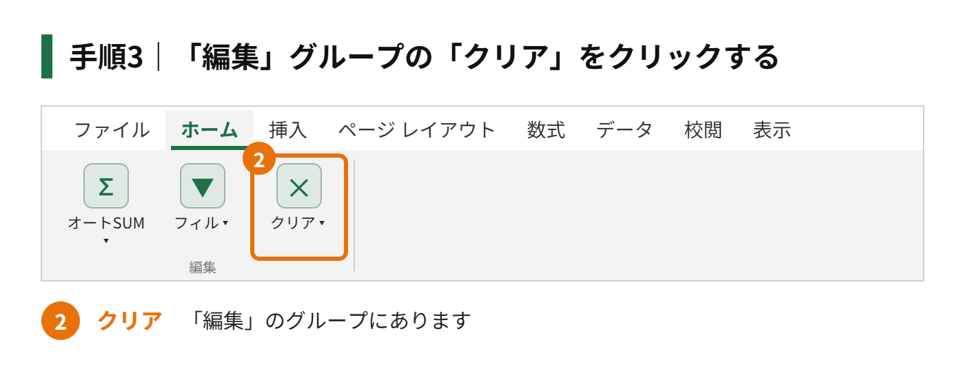 手順3:「編集」グループの「クリア」をクリックする