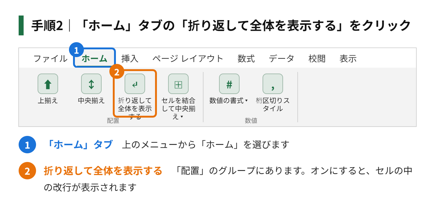 手順2：「ホーム」タブの「折り返して全体を表示する」をクリックする