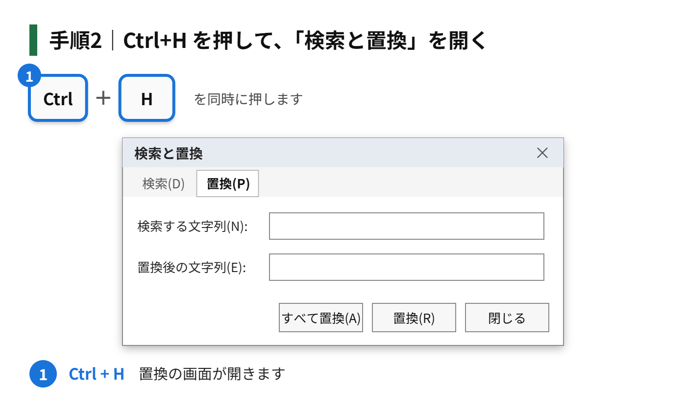 手順2：Ctrl+H を押して、「検索と置換」を開く