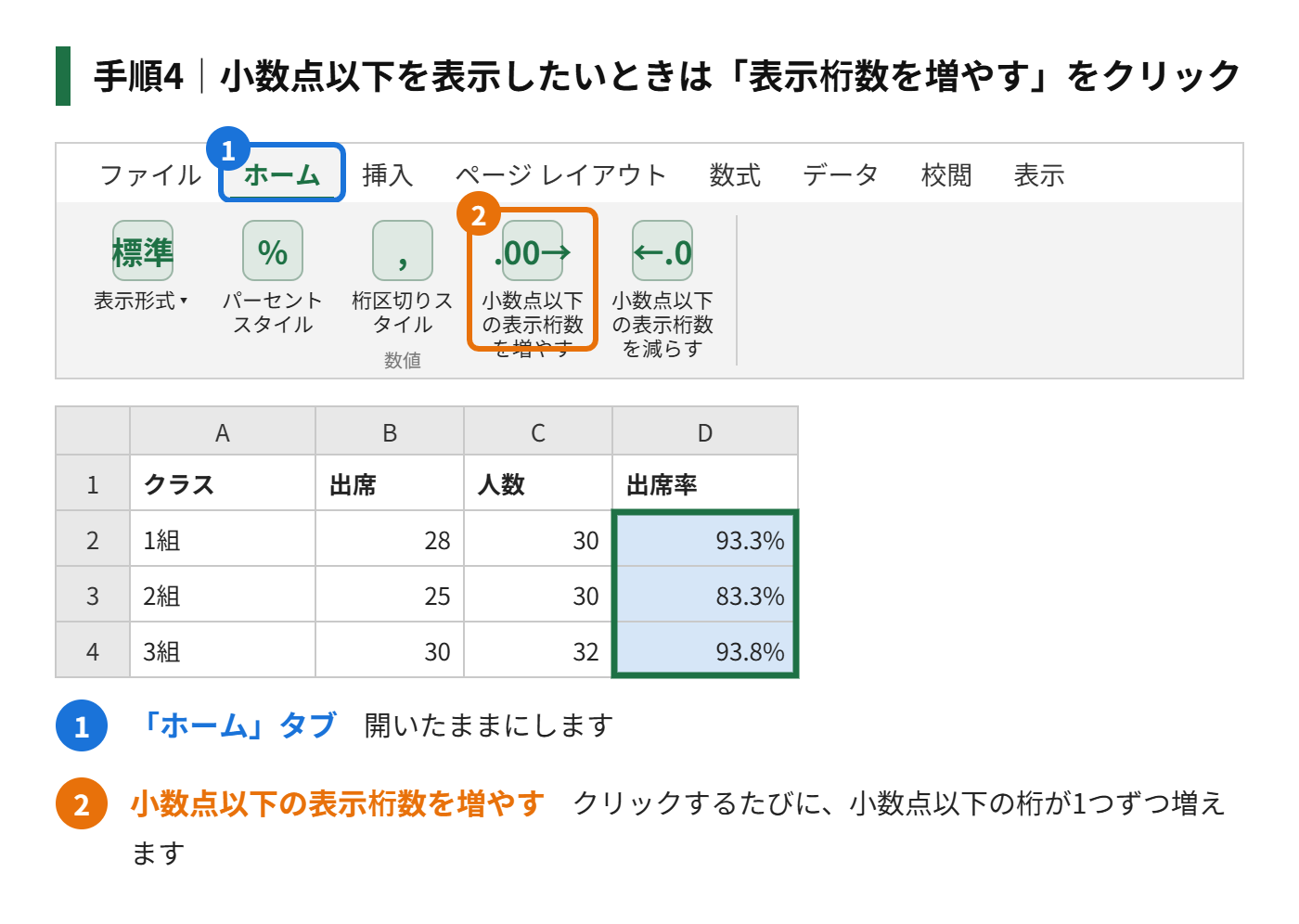 手順4:小数点以下を表示したいときは、「小数点以下の表示桁数を増やす」をクリックする