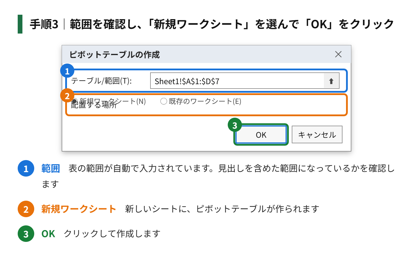 手順3：範囲が自動で選ばれていることを確認し、「新規ワークシート」を選んで「OK」をクリックする