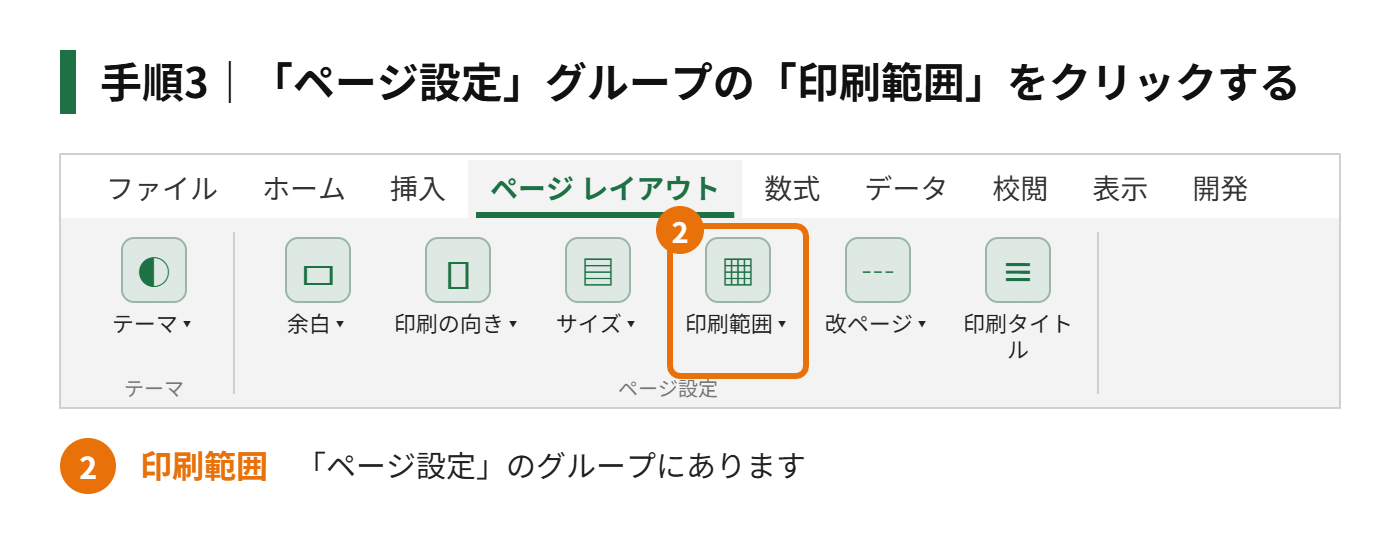 手順3：「ページ設定」グループの「印刷範囲」をクリックする