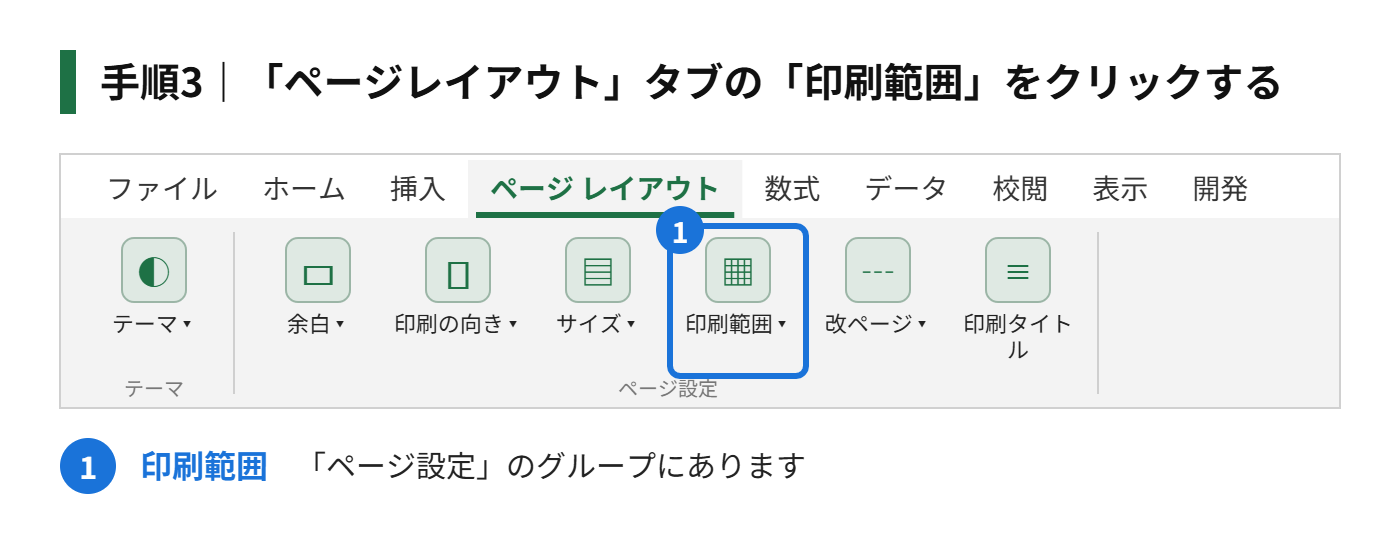 手順3：「ページレイアウト」タブの「印刷範囲」をクリックする