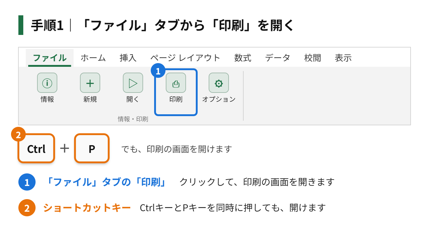 手順1：「ファイル」タブから「印刷」を開く（またはCtrlキーを押しながらPキーを押す）