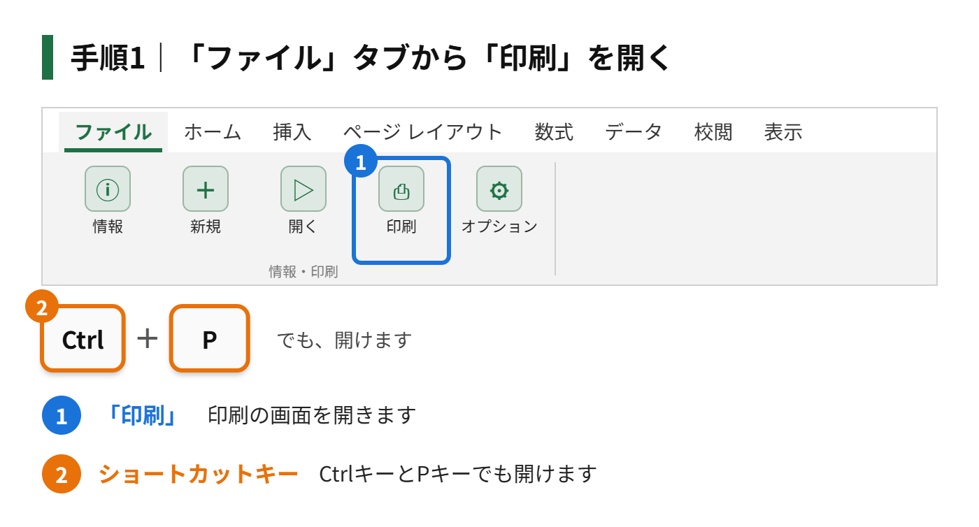 手順1：「ファイル」タブから「印刷」を開く
