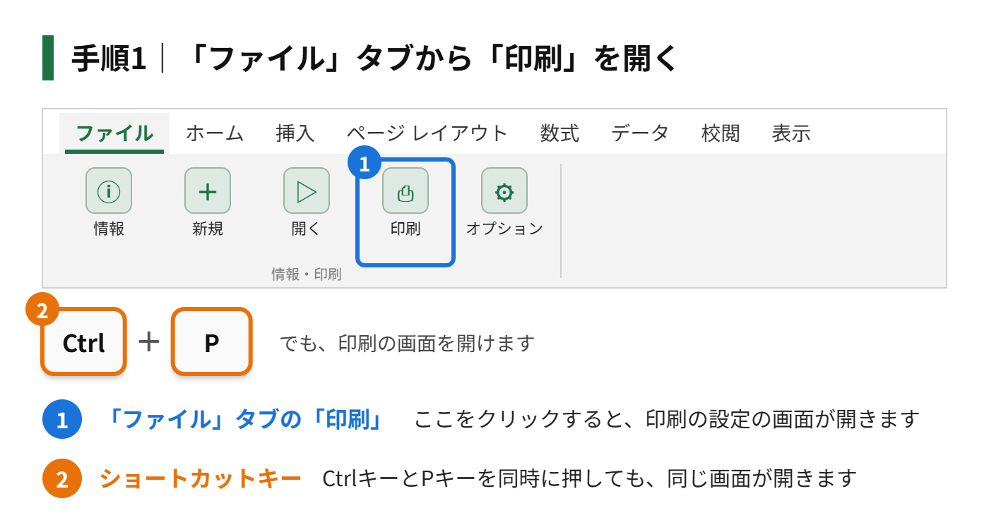 手順1：「ファイル」タブから「印刷」を開く（またはCtrlキーを押しながらPキーを押す）