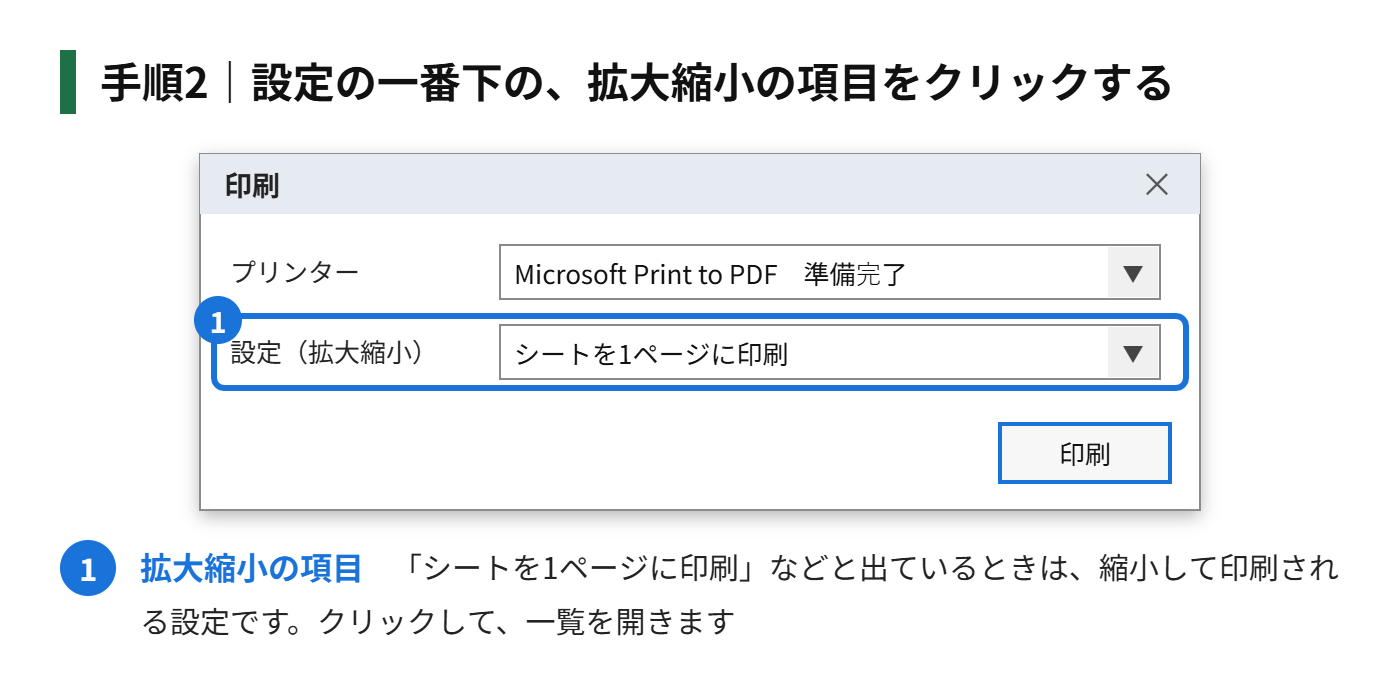 手順2：設定の一番下にある、拡大縮小の項目（「シートを1ページに印刷」など）をクリックする