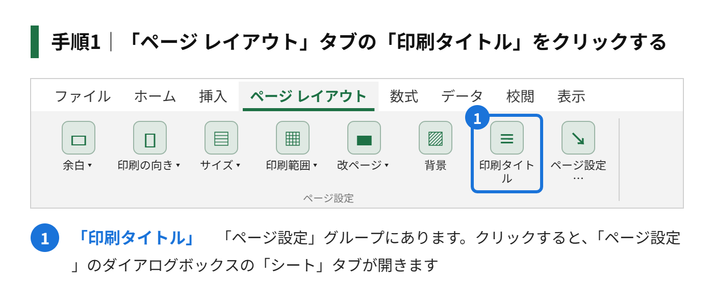 手順1:「ページレイアウト」タブをクリックして、「ページ設定」グループの「印刷タイトル」をクリックする